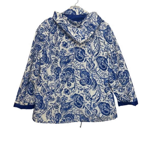 Charter Club Water Resistant Jacket Womens LP Large Petite Blue White Hooded Flo - Picture 2 of 9